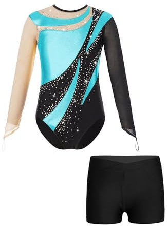 JanJean Kinder Mädchen Gymnastikanzug Glänzend Ballettanzug Langarm Turnanzug Ballett Trikot mit Kurze Hose Wettbewerb Tanzkostüm Ya Türkis 146-152