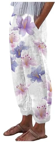 Pantaloni da donna a vita alta, estivi, 7/8, larghi, in lino, in cotone, da donna, con fiori, leggeri, ariosi, in tessuto, per il tempo libero, comodi pantaloni da spiaggia, rosa intenso, XXL