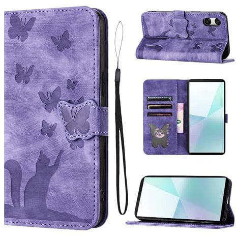 LSPCASA Phone Case For Sony Xperia 10 VI Premium PU Leather Material Sony Xperia 10 VI Case With Card Slots Cat Butterfly Pattern Xperia 10 VI Case Purple