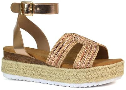Women's Espadrille Cut Our Sandals Ladies Rose Gold Strappy Ankle Strap Wedge Platform Shoes Size 5