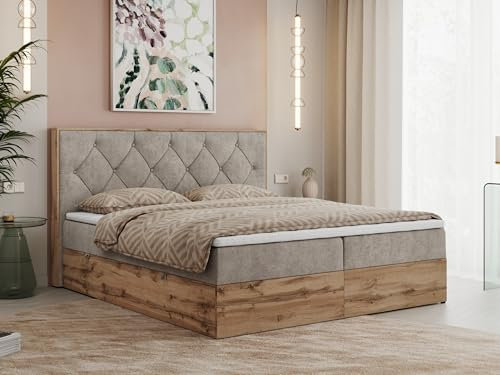 MKS MEBLE Boxspringbett 180x200 cm mit Bettkasten Wotan Eiche, Doppelbett mit Kopfteil, Matratze H3 mit Topper T25, Matratzenaufbau, Polsterbett mit Stauraum - Beige Strukture - Veneto