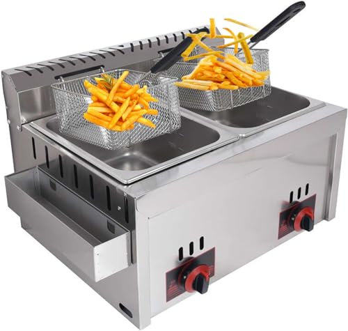 Stainless Steel LPG Gas Fryer - 2L Capacity For Commercial And Home Use - Adjustable Firepower - Includes Baskets And Lids - For Chips, Donuts, Fish - Easy To Clean - 10 * 2L
