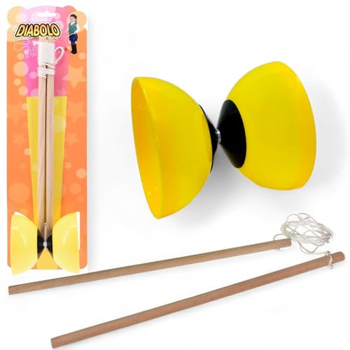 MIJOMA Diabolo Jonglierset – 2 Holzstäbe & weiches Kunststoffdiabolo – Kompaktes Outdoor Spiel für Kinder & Erwachsene – Perfekt für Koordination & Geschicklichkeit (Gelb)