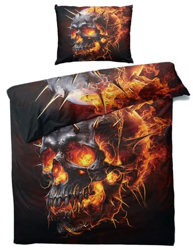 MOBEITI Totenkopf Bettwäsche 135x200, Gothic Flammen Schädel Wendebettwäsche - Deko & Geschenke, Weiche Mikrofaser Bettbezug Set 2teilig, 1 Kissenbezug 80x80, mit Reißverschluss
