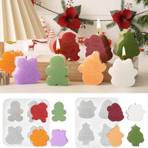2 PCS Christmas Silicone Mould Elk 3D Candles Silicone Mould Christmas Tree Epoxy Resin Mold Jingle Bell Man Cookie Cutters Santa Claus Pouring Craft Soap Moulds for Chocolate Candles Decoration Gifts