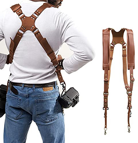 Kuabiz Camera Harness Strap for Two-Cameras, Adjustable Camera Dual Shoulder Strap, Leather Camera Gear Safety Tether for DSLR/SLR Strap,Double Camera (Brown)