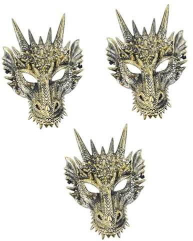 Alasum Lot de 3 masques de dragon chinois - Coiffe d'opéra - Crow Dragon - Crâne - Masque animal doré - Accessoire de costume de dragon - Masque animal en plastique
