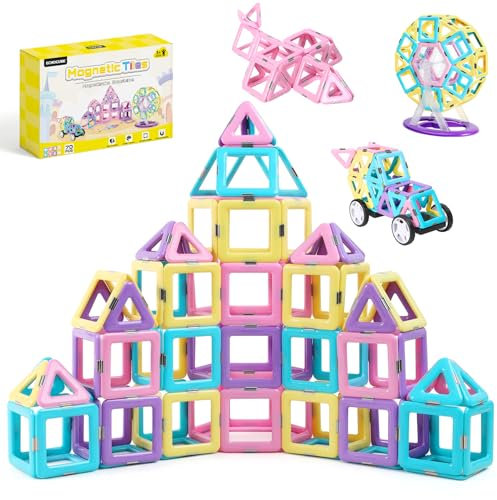 ECHOCUBE Magnetische Bausteine, 70 Teile Magnetische Kacheln mit Magnet Räde Set für Kinder ab 3 Jahre, Magnet Spielzeug für Mädchen Jungen Weihnachten Geburtstag Geschenk