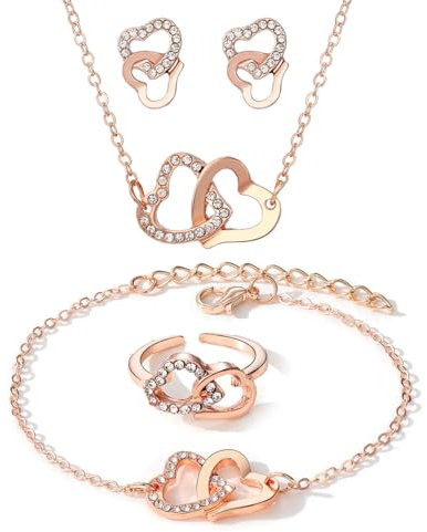 KONFEN Women's Jewellery Sets, 4 Pcs Bridal Wedding Sparkly Gemstone Jewellery, Fashion double Love Shape Adjustable Necklace, Earrings and Bracelet Ring Birthday Weddings Gifts, Rose Gold