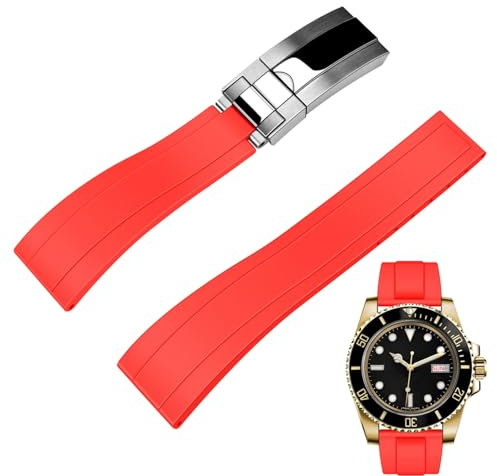 Juntan FKM Gummi Uhrenarmband für Männer Frauen, 20mm Rot Uhrenarmband Silikon Fluorkautschuk mit Klassischer Diving Style Faltschließe