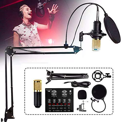 XRPOUXMTE Ensemble de Microphones à condensateur, kit de Streaming, Microphones, pour podcasting avec Carte Son en Direct, Bras de Ciseaux de Suspension de Micro réglable