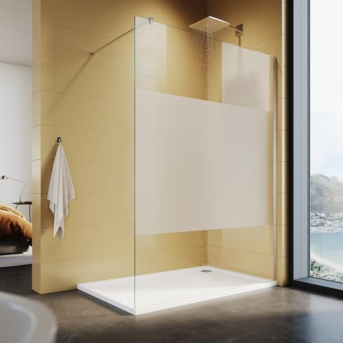 Walk In Duschwand 100x200cm Teilsatiniert,8mm Nano ESG-Glas,mit Stützstange | einteiliges Aluminiumprofil und 100cm Edelstahl Stabilisierungsstang großzügiger Einstiegsbereich, beidseitig montierbar