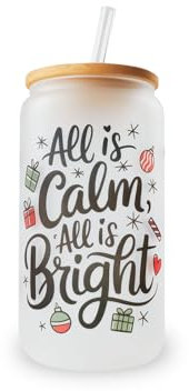 Hogg Verres de Noël de 473,6 g – Motif nuit silencieuse – Tasse en verre avec couvercle et paille – Cadeau de Noël pour femme