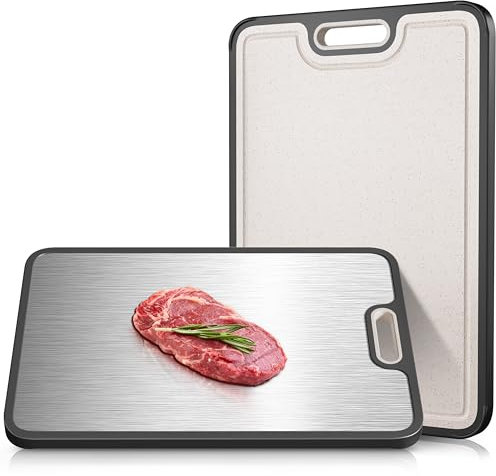 Lozovin Doppelseitiges GR1 Schneidebrett aus Titan und Weizenstroh, 38,1 x 25,4 cm, für Fleisch und Gemüse, rutschfeste Silikonkante, Saftrille