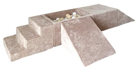 Monio for Kids Kit de jeu en mousse beige en velours doux avec 5 éléments de piscine à balles et 100 balles - Housses amovibles - Doux et lavable - Pour intérieur - Aire de jeux pour enfants