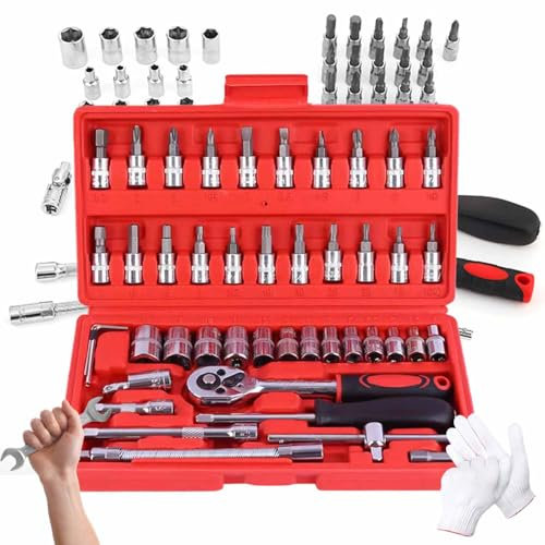 Vessel Electric Ratchet, Cordless Electric Slim Ratchet Set, Slim Rechargeable Ratchet, Electric Ratchet 3/8 Drive, Power Ratchet Wrench Kit for Auto Repair Comes with 45 Adjustment Tools (Red)