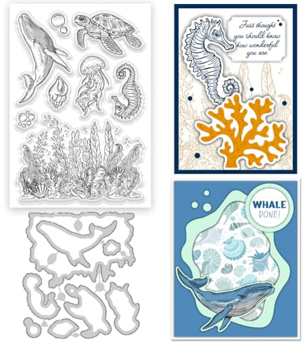 ORIGACH Ozeanwelt Stempel und Stanzformen Set Meeresleben Silikonstempel und Stanzen Für Kartengestaltung Papier Basteln Journaling Und DIY Scrapbooking