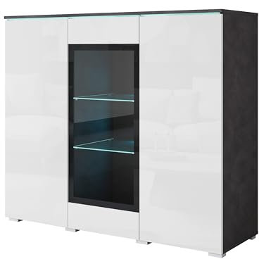 Buffet de Salon 120 cm avec Vitrine en Verre, Système Push-to-Open, Étagères Réglables et Éclairage Optionnel – Meuble de Rangement Moderne et Élégant (Matera Blanc, avec LED)