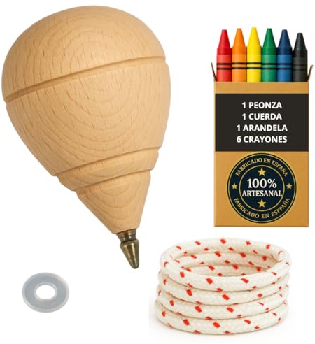 Trottola in legno per bambini, confezione da 1 trottola + 6 pastelli + 1 rondella | Con punta a sfera, realizzata a mano in Spagna.