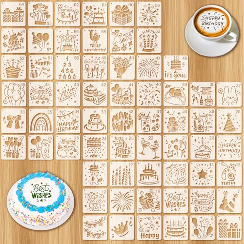 OOTSR 64 Geburtstag Schablonen, Malschablonen für Kinder 7,6x7,6cm, Wiederverwendbare Bastelschablonen für DIY Geburtstagskarten, Malvorlagen für Feier Scrapbooking Kuchen Deko