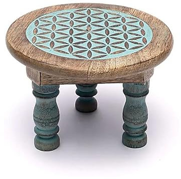 LivuX Altartisch Blume des Lebens Rund – Blauer Druck – 15×15×10 cm – Massives Mangoholz – Spirituelles Tischchen für Rituale, Kristalle, Götterfiguren – Naturprodukt 1304