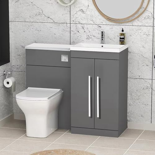 Arko Tana 1100mm Combination Vanity Unit Furniture Set, Wash Basin Bathroom Sink, BTW Toilet WC Pan & Soft Close Seat, L Shaped Storage Cabinet Right Handed (Gray)
