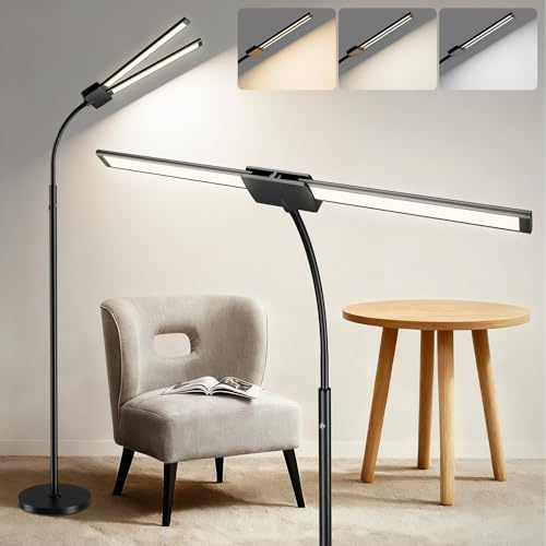 LGMCF Cordless Floor Lamp, 8000mAh Rechargeable LED Floor Lamp for Office Home, 15W Bright Dual Head Gooseneck Reading Lamps, 3 Color Temperature Dimmable Modern Standing lamp for Living Room Bedroom
