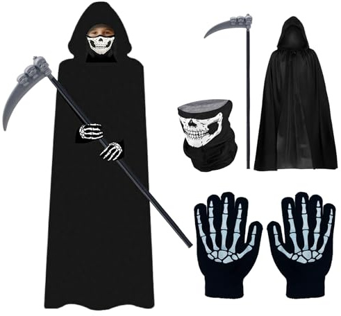 Horuili® Sensenmann Kostüm Halloween, Halloween-Kostüm mit Kapuzenumhang, Sense, Maske und Handschuhen, Partydekoration, Cosplay, Karneval, 120 cm (für Personen bis 160 cm)
