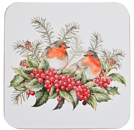Widdop Set of 4 Christmas Robin Square Coasters – Festive Wooden Coaster Set with Red-Breasted Robins, Holly & Pine – Country Christmas Tableware | Festive Wooden Coaster Set – Country Christmas Tableware