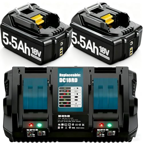 2X 18V 5500mAh Ersatzakku für makita + Dual Port 6A Ladegerät | Kompatibel BL1860B BL1850B BL1840 BL1830 BL1815 BL1845 BL1890 BL1415 BL1430 BL1440 BL1835 LXT-400 with LED Werkzeugakku.