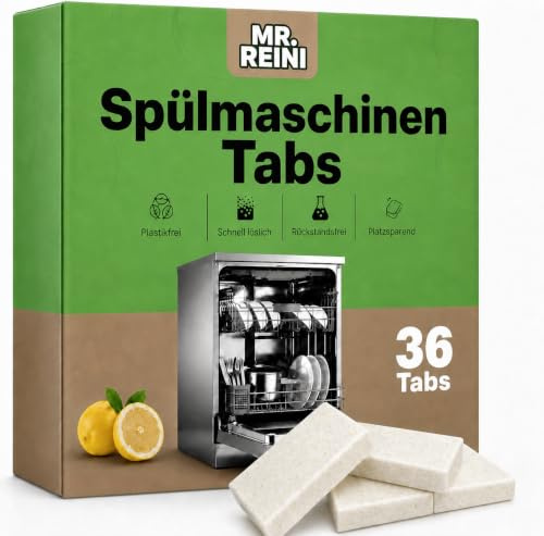 Mr.Reini Dishwasher Tablets, 36 Tabs, Plastic-Free Dishwasher Detergent, Added Enzymes for Food Residue, Recyclable Packaging, Compact Dishwashing Tablets