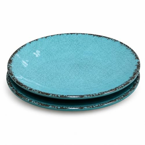 Pack 2 Platos Llanos Melamina 25,5 cm Azul Turquesa | Efecto Cerámica Artesanal Craquelado | Vajilla Ceracor Resistente a Roturas, Apta Lavavajillas