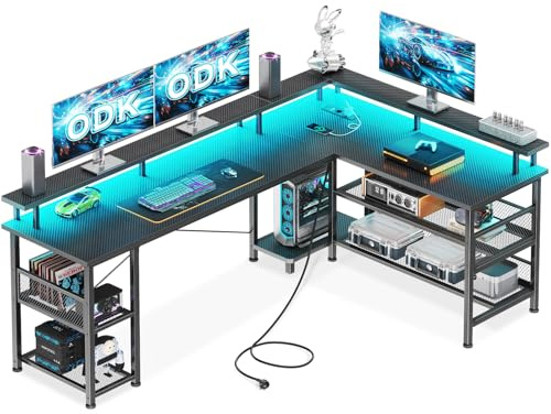 ODK Bureau Gaming d'angle LED, 168×120cm, Noir Carbone | Bureau Gaming en L réversible avec 2 prises secteur et 2 ports USB, étagère pratique pour gaming, streaming et travail.
