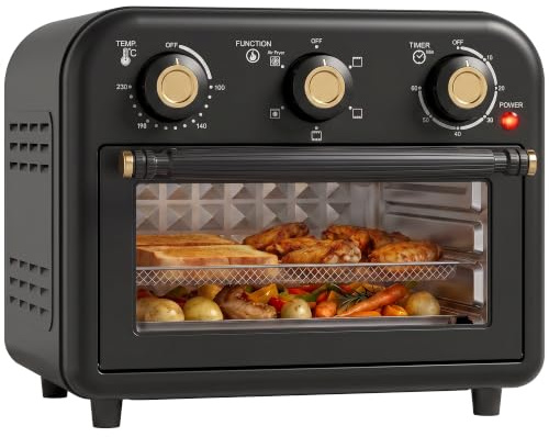 HOMCOM Air Fryer Toaster Oven 12 L Small Convection Countertop Oven Black | Knob Controls, Baking Tray, Fry Basket, Adjustable Temperature, Timer, Dishwasher Safe, 1200W, Steel