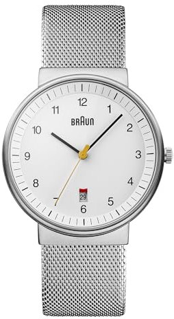 Braun Mens 3-Hand with Date Analogue Quartz Watch, White Dial and Steel Milanese Mesh Strap, 40mm Stainless Steel Case, Model BN0032WHSLMHG.