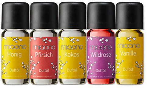 Duftöle von miaono - Wunderbare Welt der Düfte - Aromaöle für himmlichen Raumduft (Vanille-Kokos-Honig-Pfirsich-Rose, 5er Set 5x10ml)