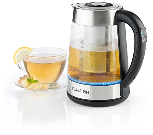 Klarstein Ostfriese - Kettle Tea Pot, Removable Tea Strainer, 1.7 Liter, 2200 watts, 4 Adjustable Temperature Levels, Temperature Display, Cool Touch Handle, Stainless Steel, Glass