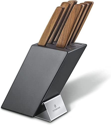 Victorinox Swiss Modern Ceppo di coltelli professionali con contenuto, 6 pezzi, incl. 6 coltelli da chef con manico in legno, nero