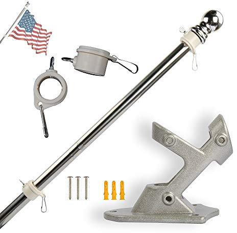 VIEKEY Fahnenmast für Haus, 1,8 m Flaggenmast Kit, Edelstahl Fahnenmast mit Halterung Halterung Halterung für Außen, Fahnenmast mit 2 No-Tangle Ring Clips, Silber Fahnenmast Kit