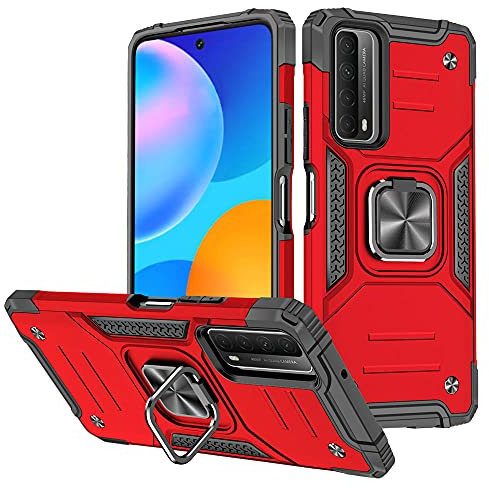 P Smart 2021 Hülle,Huawei P Smart 2021 Hülle Mit HD Handy-Schutzfolie 360 Grad Drehung Fingerring Ständer Armor Stoßfest Handyhülle Silikon Hülle Hull für Huawei P Smart 2021 (P Smart 2021 Hülle+rot)