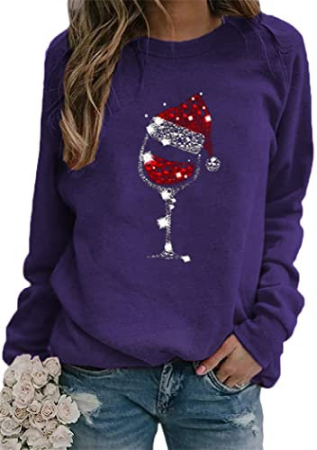 OMZIN Weihnachtskleid Damen Große Größen Pailletten Glitzer Weihnachten Dab vom Weihnachtsmann Damen Weihnachtspullover Damen Sweatshirt Violett L