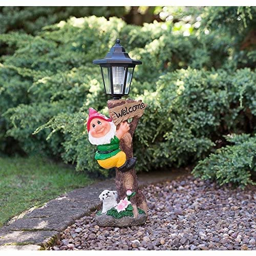Solar Powered Climbing Gnome Light Lamp Post with Westie Automatic Solar Garden Sculpture Light 6-8Hr Light Output Purple Hat