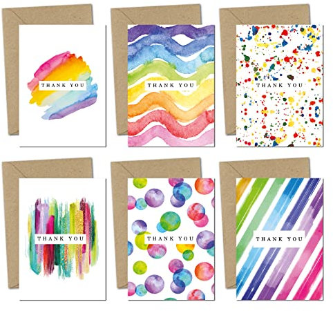 Giftinghouse Thank you Cards Multipack of 24 with Envelopes. 6 Watercolour designs. 10 x 15cm. Blank Inside for Teachers, Weddings, Kids. Made in the UK