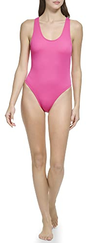 Calvin Klein Classic Over The Shoulder One Piece Swimsuit Maillot de Bain, Côtes soyeuses Roses, Taille XL Femme