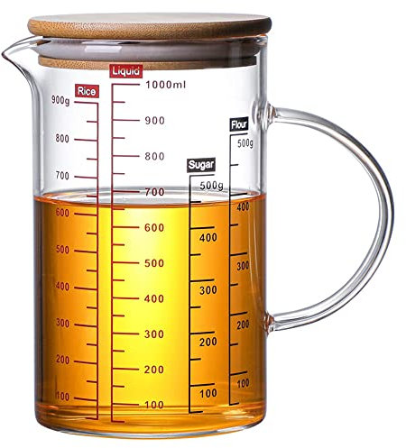 TAMUME Tasse à Mesurer en Verre avec Couvercle, Échelle Multiple (1000ml)