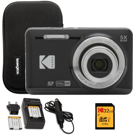 Kodak Pixpro FZ55 - Fotocamera compatta da 16 MP, ottica 5X, 1080p (nero, 4 pezzi) | Pacchetto: 32GB SD, Custodia e Caricabatteria da Viaggio FZ55, 16,35 MP, video 1080p