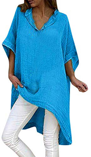 Leinenbluse Damen Sommer,3/4 Arm Grosse Grössen Weiß Einfarbig V-Ausschnitt Oberteile Leinen Blusen Shirt Vintage Loose Longshirt Langarmshirt Mode Lose T Shirt Pullover Tops Sommertops