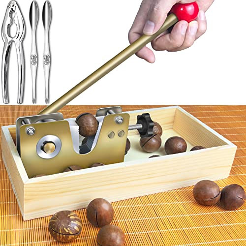 Artcome Robustes Macadamia-Nussknacker-Werkzeug mit 1 Krabben-Knacker, 2 breiten Krabbengabeln, Holzgriffbasis mit rechteckiger Holzkastenbasis für Walnüsse, Mandeln, Pekannüsse, Haselnüsse,