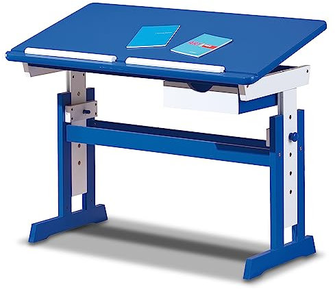 KHG Schreibtisch blau weiß Kiefer Echtholz 6-Fach höhenverstellbar mit neigbarer Tischplatte 109 x 96 x 55 cm