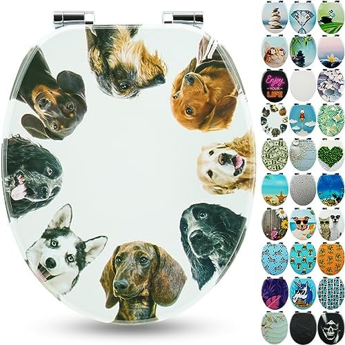 Sanfino® Premio Sedile WC ammortizzato - Copriwater Universale di alta qualità in legno, tanti motivi colorati, seduta comoda, facile da montare con istruzioni di montaggio incluse - Dog Circle